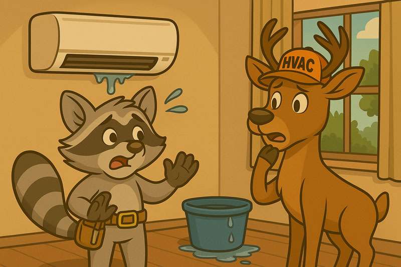 Illustration of a AC leaking water inside a home — most commonly caused by a clogged condensate line
