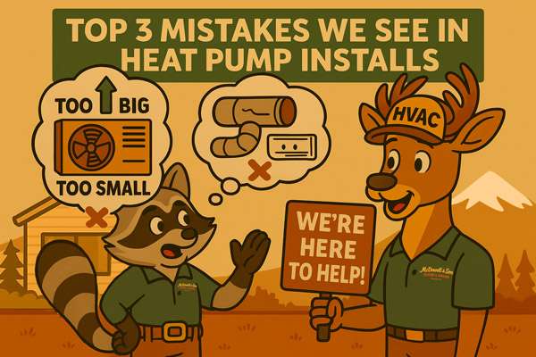Cartoon illustration of McDowell & Son HVAC technicians highlighting the top 3 heat pump installation mistakes: wrong sizing, ductwork issues, and no warranty, with Mt. Hood in the background.