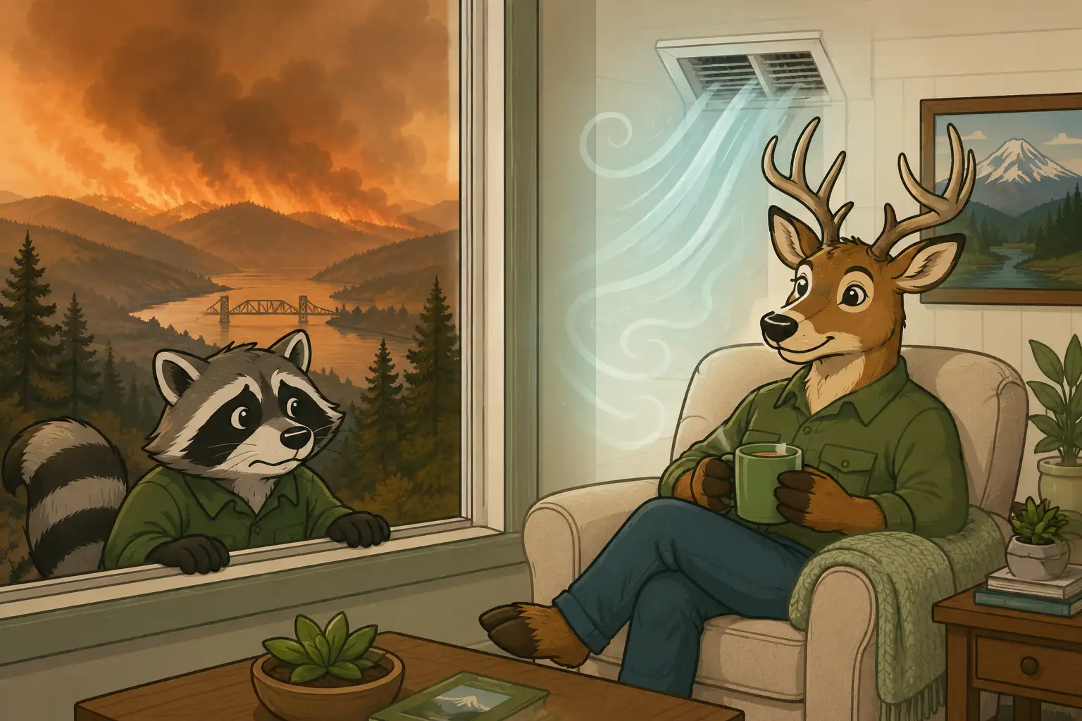 Deer and raccoon mascots illustrating indoor air quality during wildfire smoke